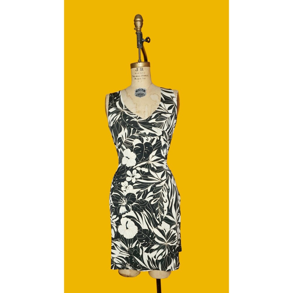 Y2K TABOO Slinky Floral MONSTERA HIBISCUS Printed Stretchy Dress. Small